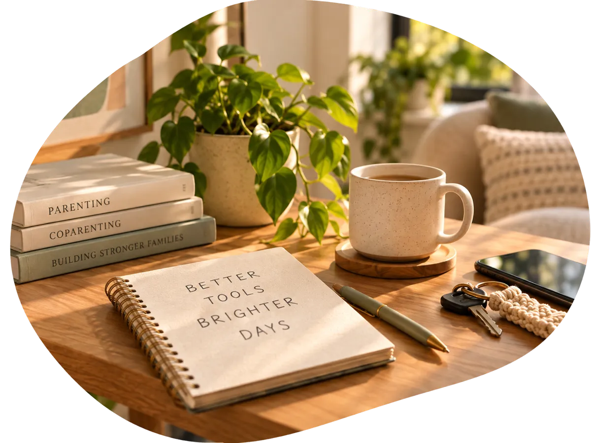 Desk with parenting and co-parenting books, a notebook, and a cup of tea