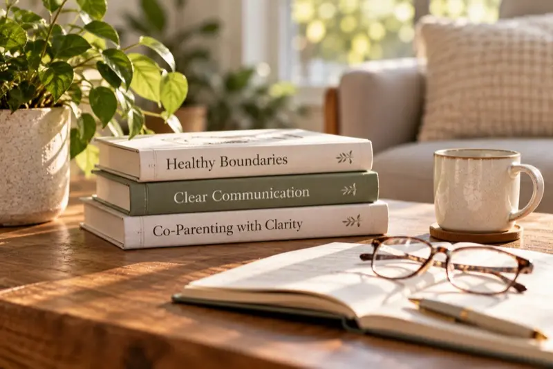 A stack of books titled Healthy Boundaries, Clear Communication and Co-Parenting with Clarity beside a mug and reading glasses