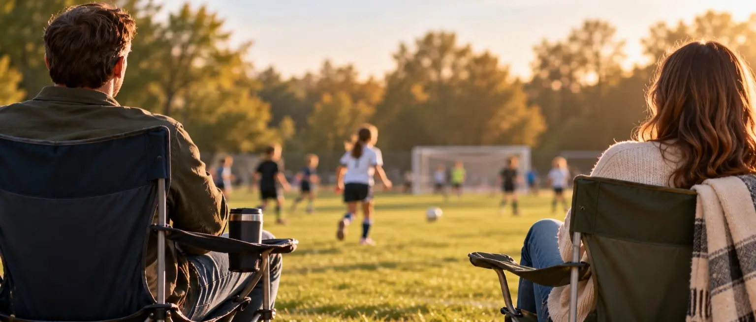 Two parents in camping chairs on the sideline, watching their daughter play in a youth soccer game
