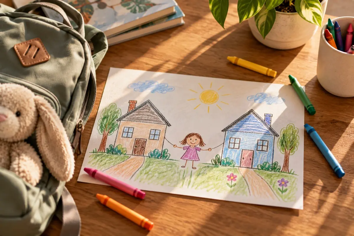 A child’s crayon drawing of a girl holding hands between two houses, next to a backpack and a stuffed rabbit