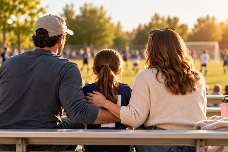 Two parents sitting on bleachers with their arms around their daughter, watching a soccer game