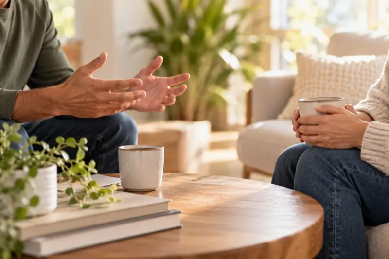 Two people talking across a coffee table, one gesturing with both hands and the other holding a mug
