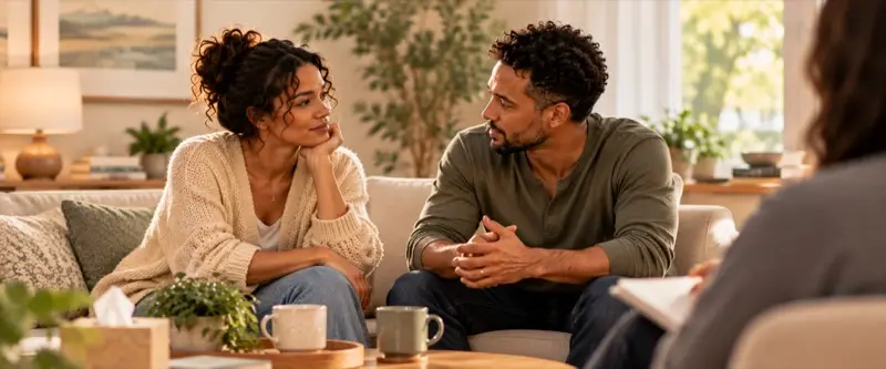 A couple sitting together on a sofa, talking with a therapist